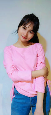DRAWSTRING RUCHED SOLID FULL SLEEVE TEE-PINK